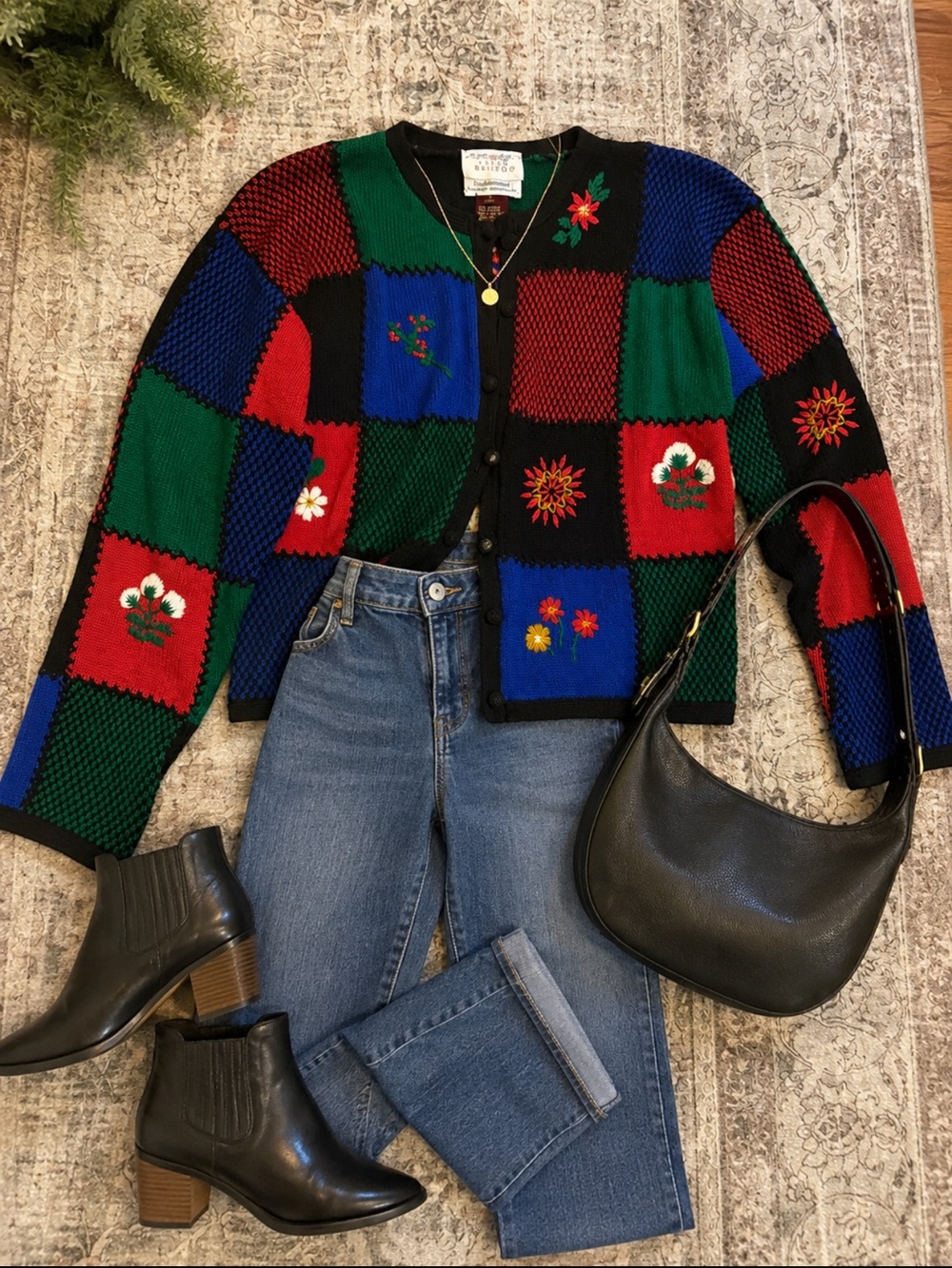Vintage Susan Bristol Patchwork Embroidered Cardigan Sweater Size small